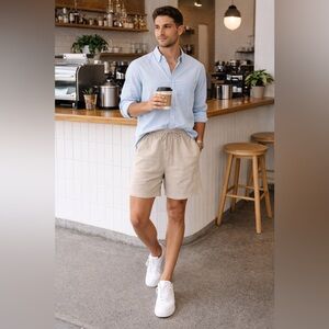 ONIA Pull-On Seersucker Khaki Shorts